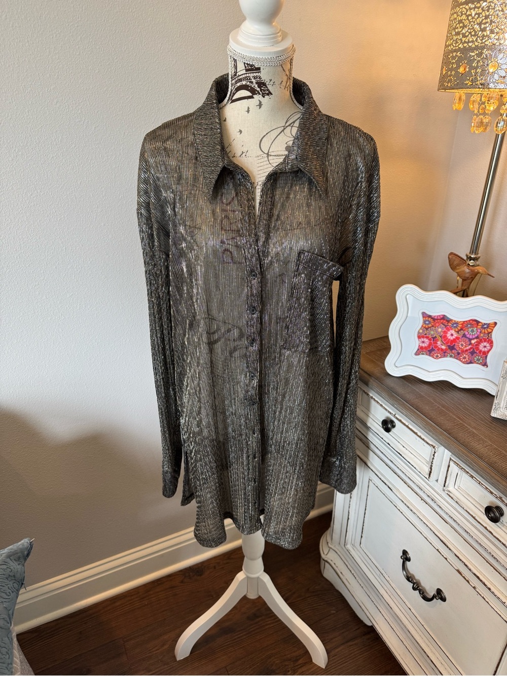 Anthropology Metallic Shimmer Button-Up Blouse - Black/Silver